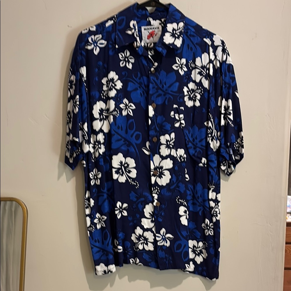 MANAVA Blue Floral Hawaiian Men's Shirt L